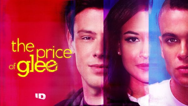 Pôster da minissérie documental Glee: O Preço da Fama da HBO Max sobre os bastidores de Glee; na imagem a metade do rosto dos atores Cory Monteith, Naya Rivera e Mark Salling