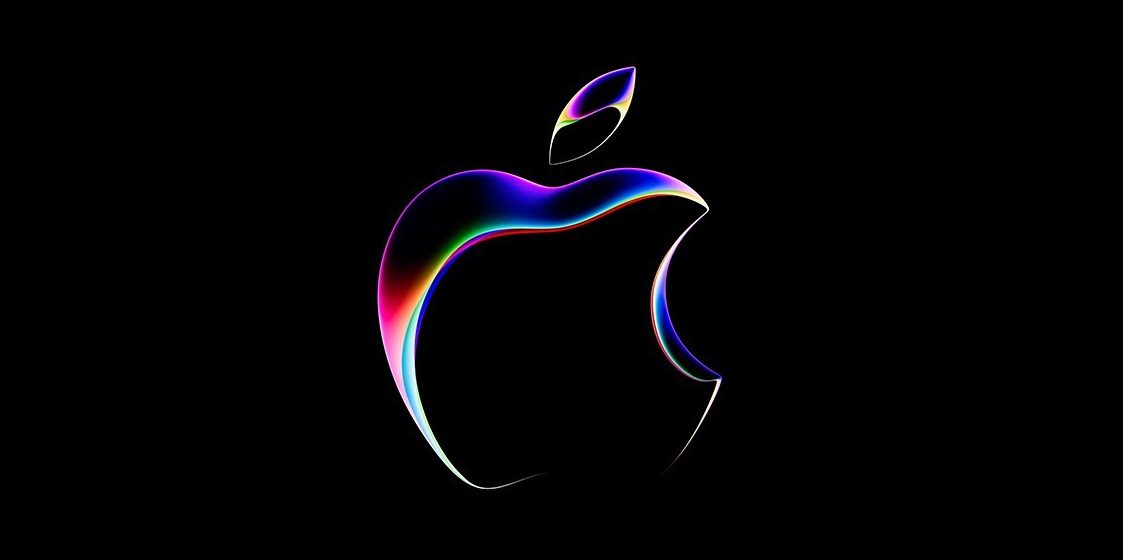 Imagem com fundo preto e contorno multicolorido da maçã logo da Apple para anunciar o evento para desenvolvedores da empresa WWDC23