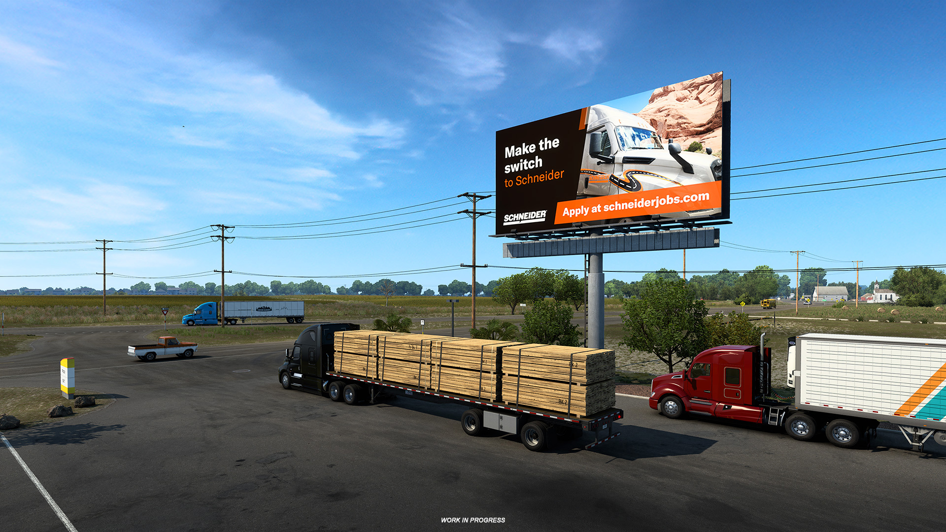 Imagem mostra anúncio de empresa de transporte rodoviário dentro do jogo American Truck simulator