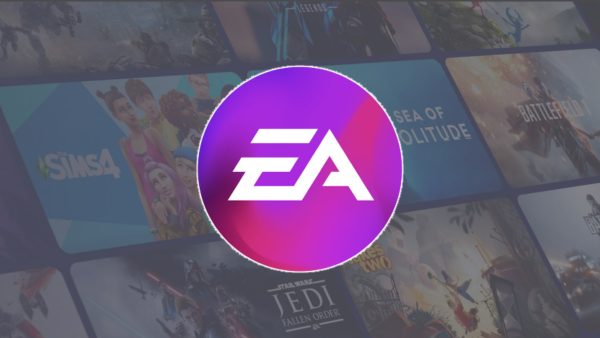 Imagem mostra logo da Electronic Arts à frente de vários de seus jogos