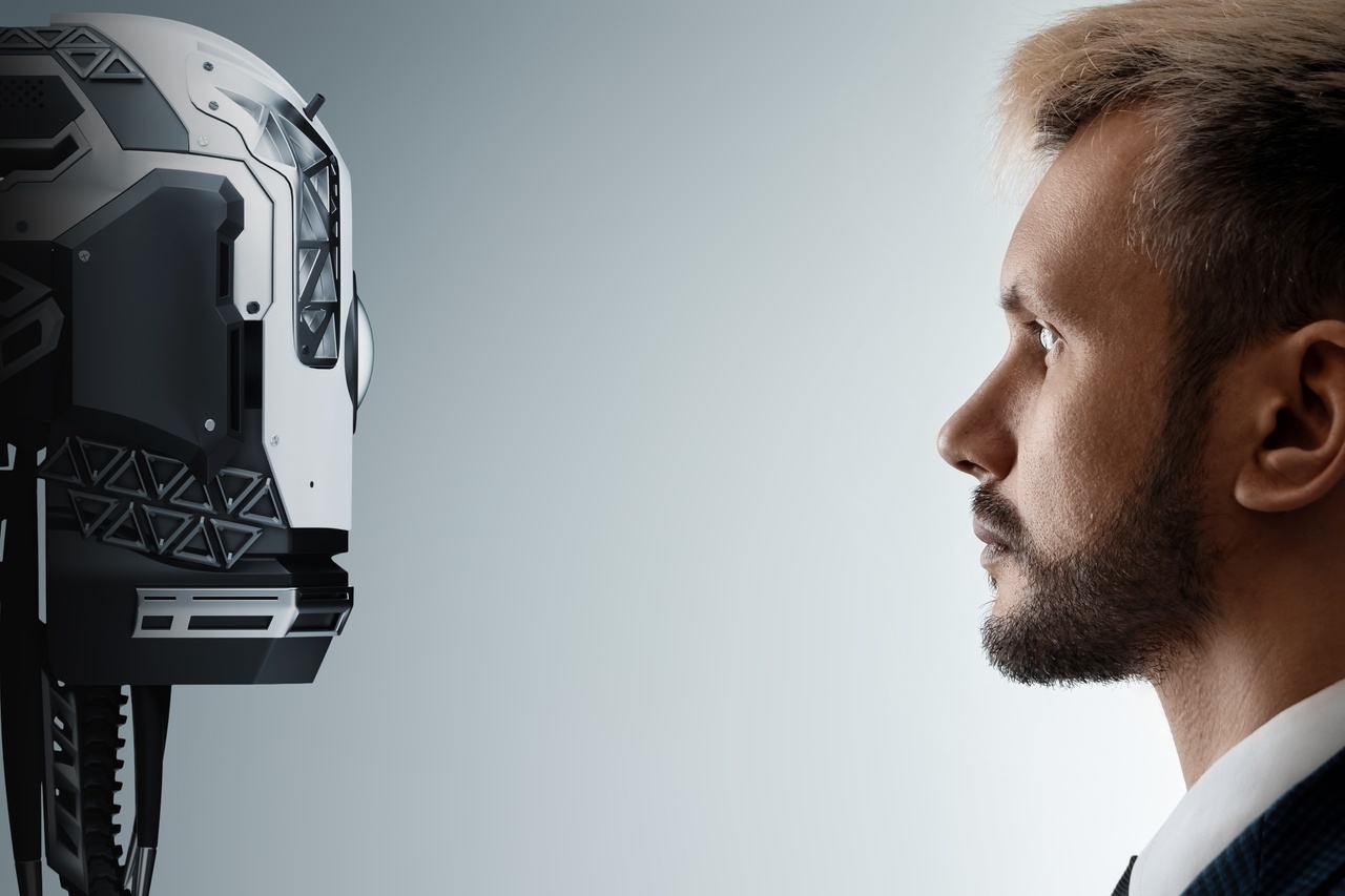 Ilustração de robô frente a frente com um homem