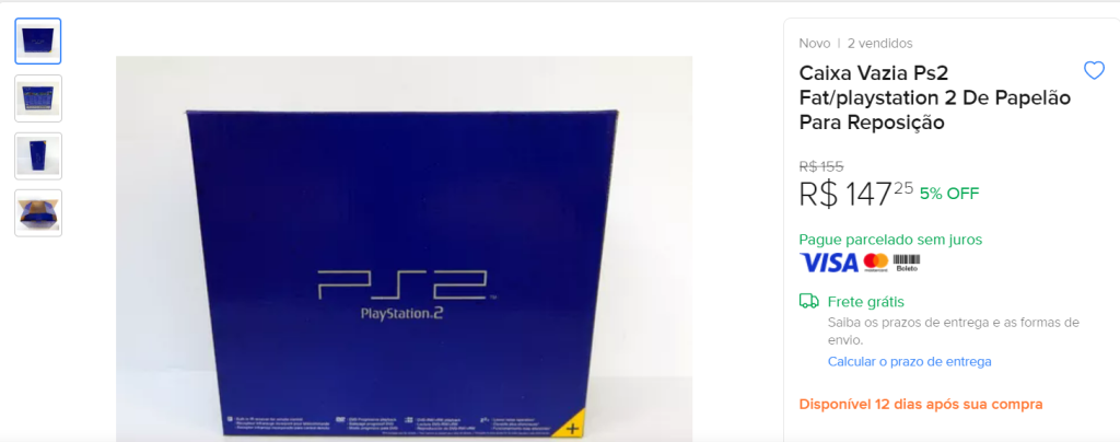 Imagem mostra a caixa original do PlayStation 2 à venda na internet