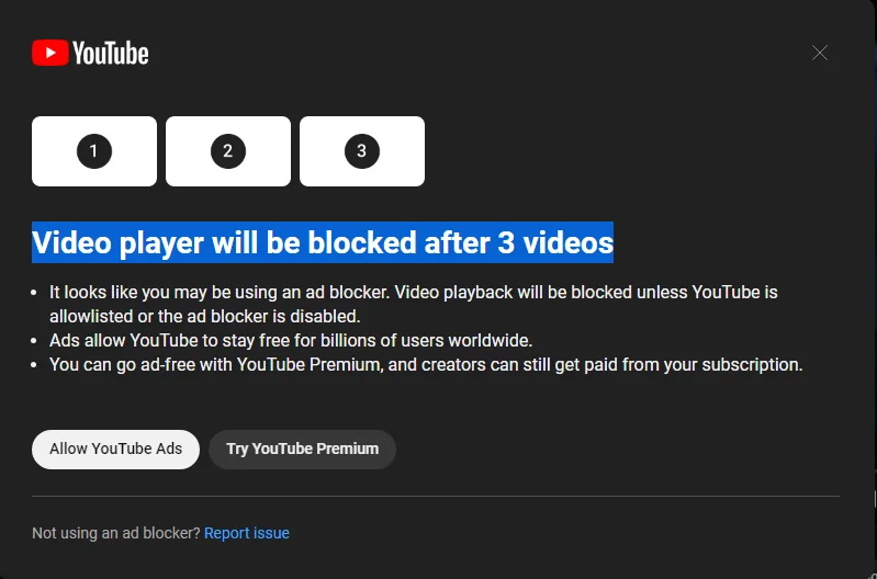 YouTube realizando bloqueio de Adblockers