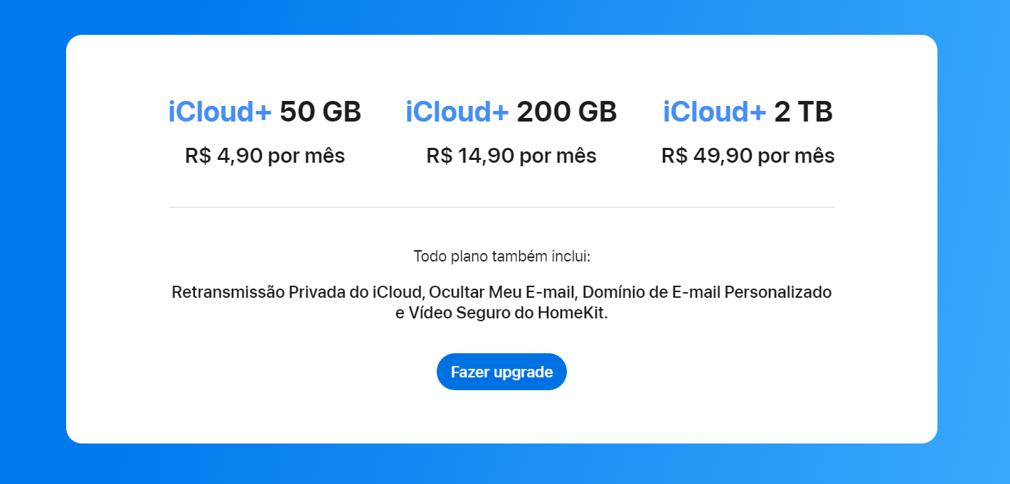 Imagem mostra novos preços do iCloud+, a plataforma assinada de hospedagem da Apple