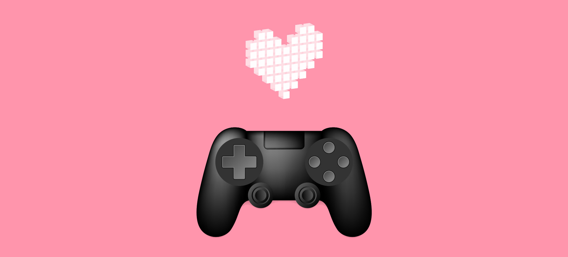 Ilustração de um controle de videogame, com um coração branco feito de pixels em cima, num fundo rosa, representando o Dia dos Namorados