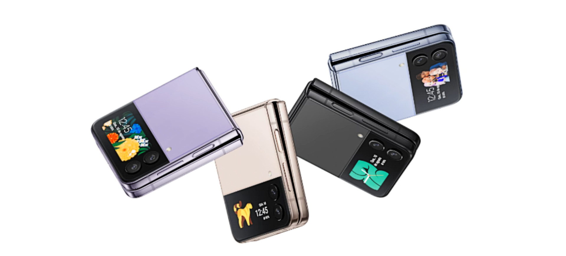 Foto com o Galaxy Z Flip 4, nas quatro cores disponíveis para o smartphone da Samsung