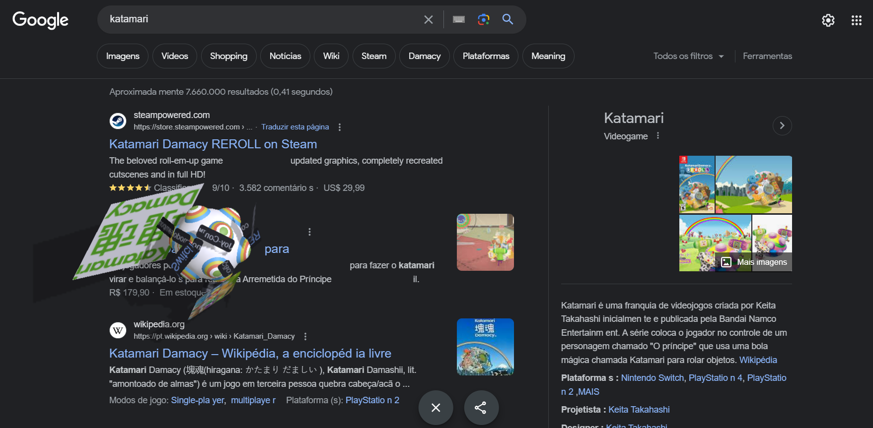 Captura mostra minigame de Katamari Damacy disponível no Google