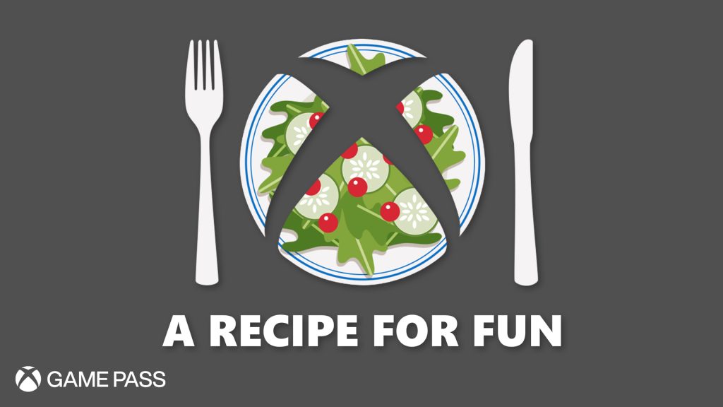 Microsoft faz uma ação com jogadores para criarem receitas de comida de verdade inspiradas em jogos do Game Pass: na imagem há a ilustração do logo do XBox como se fosse um prato de salada e acompanhado de garfo e faca
