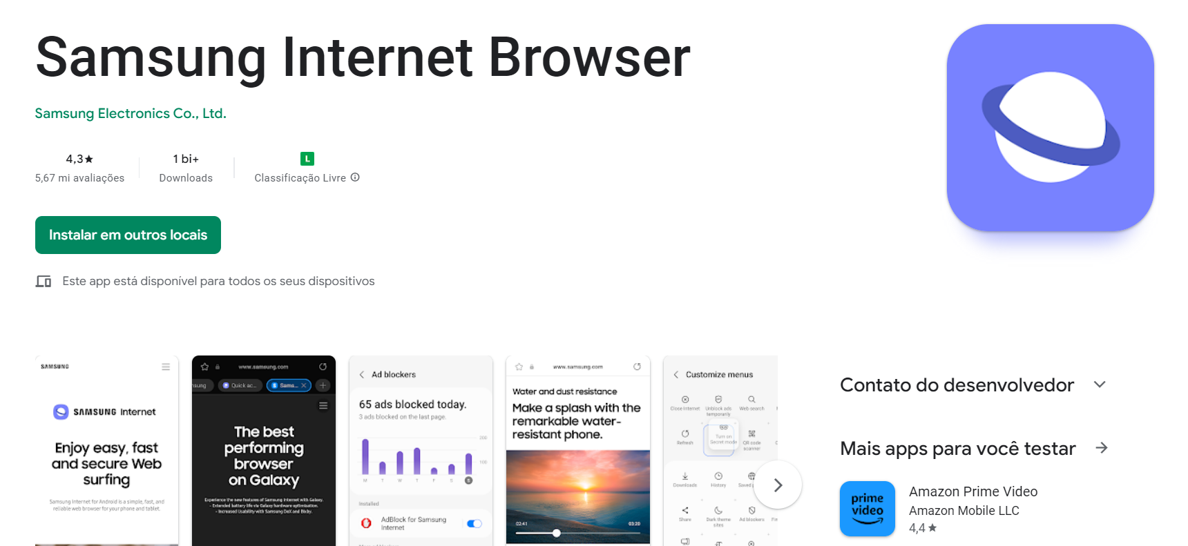 Captura mostra página do Samsung Browser na Play Store