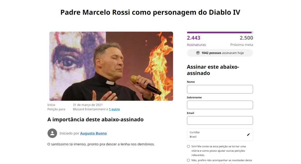 Petição para Padre Marcelo Rossi em Diablo IV
