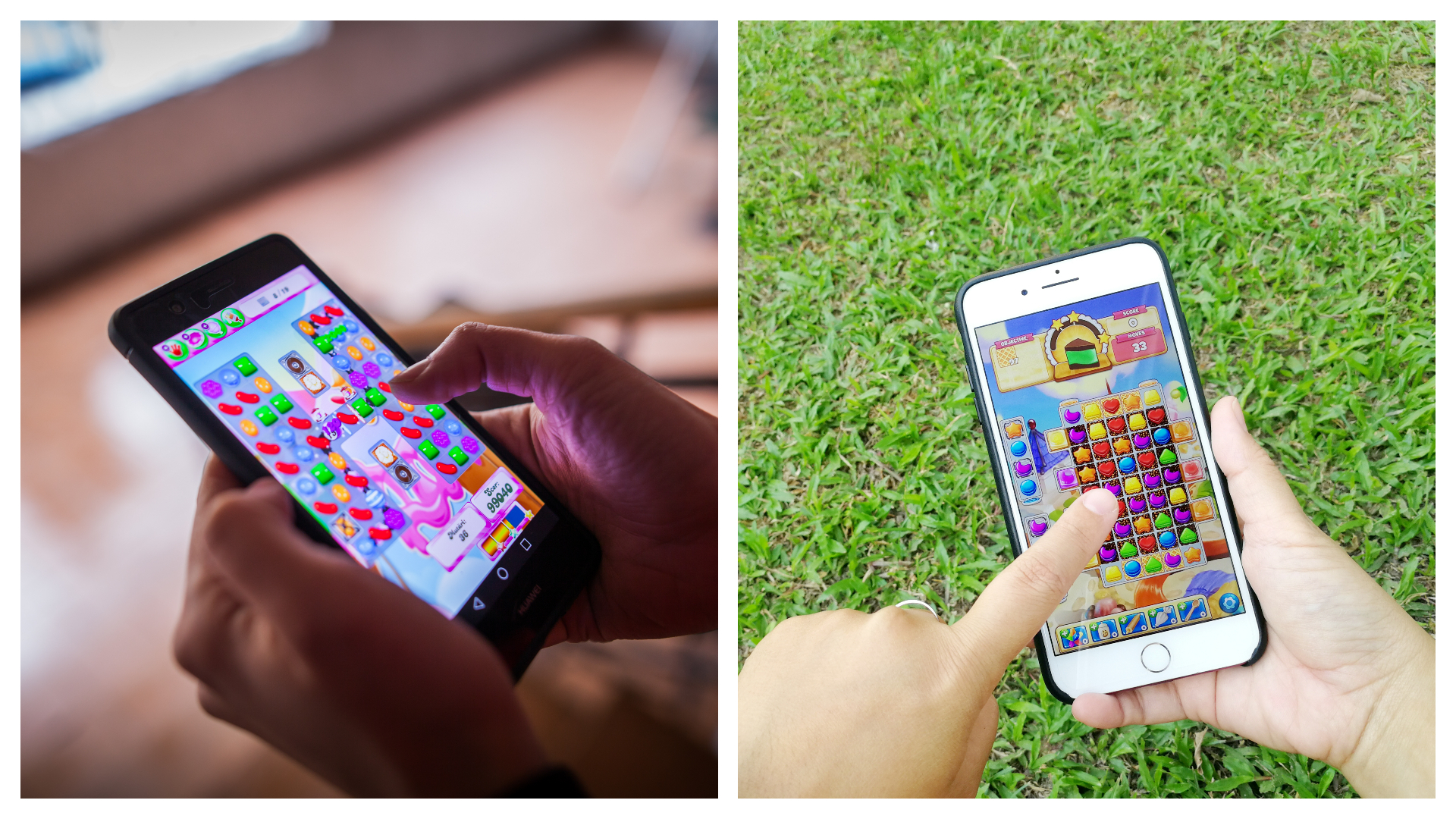 Imagens mostram dois celulares jogando Candy Crish Saga, sendo um com o indicador e outro com o polegar