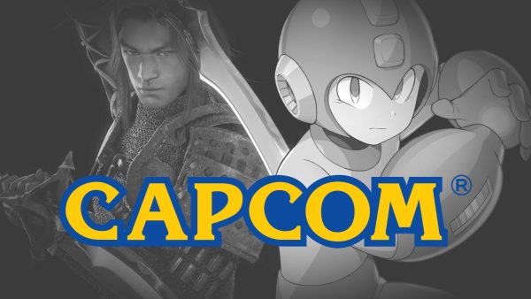 Montagem coloca os personagens de Onimusha e Mega Man atrás do logo da Capcom, em preto e branco