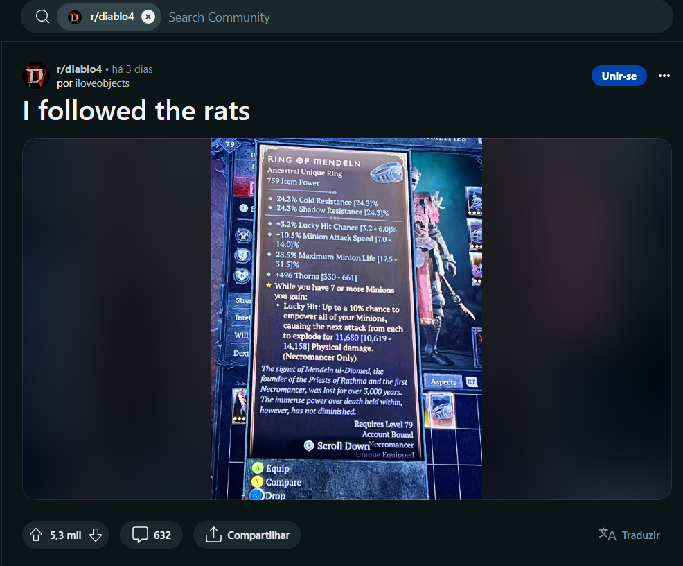 Captura de tela mostra suposto auxílio de ratos em Diablo IV, para obter loot poderoso