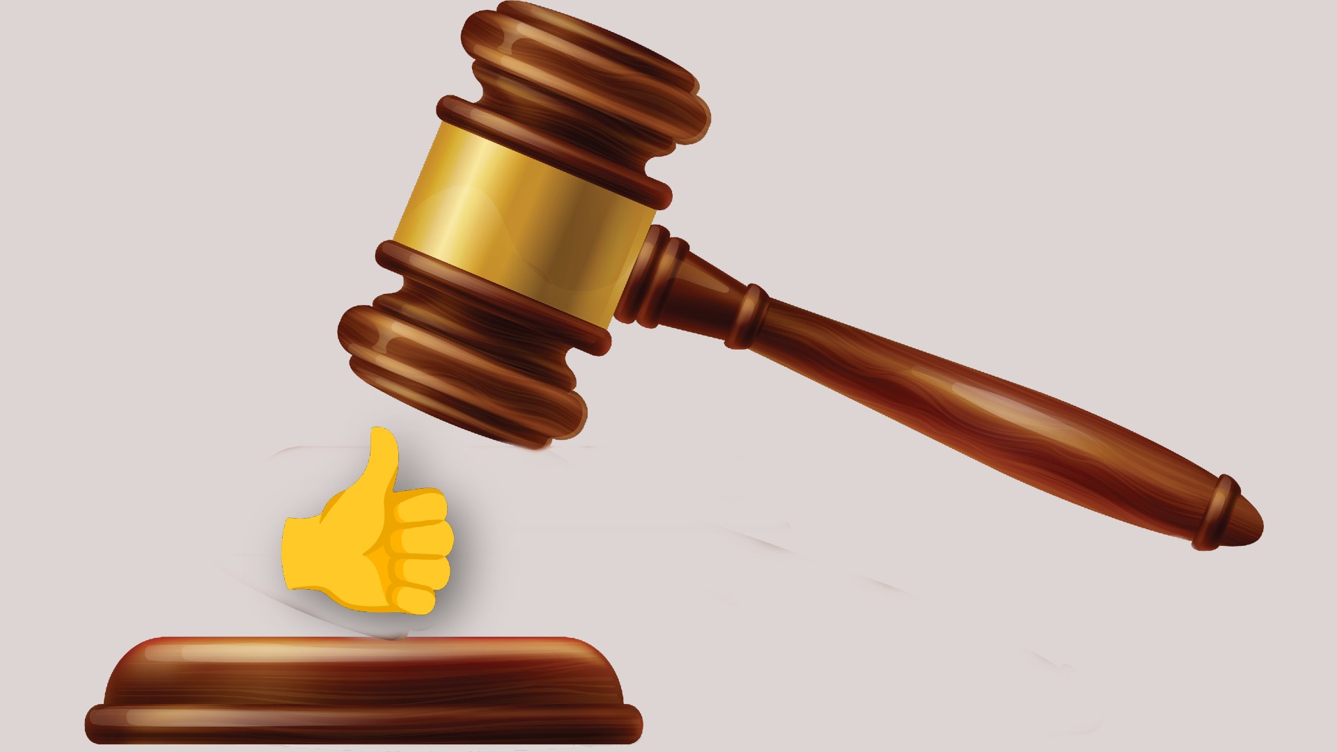 Montagem coloca o emoji do joinha prestes a ser martelado por um juiz
