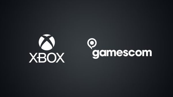 Logo do Xbox e da feira Gamescom, um ao lado do outro, em um fundo escuro