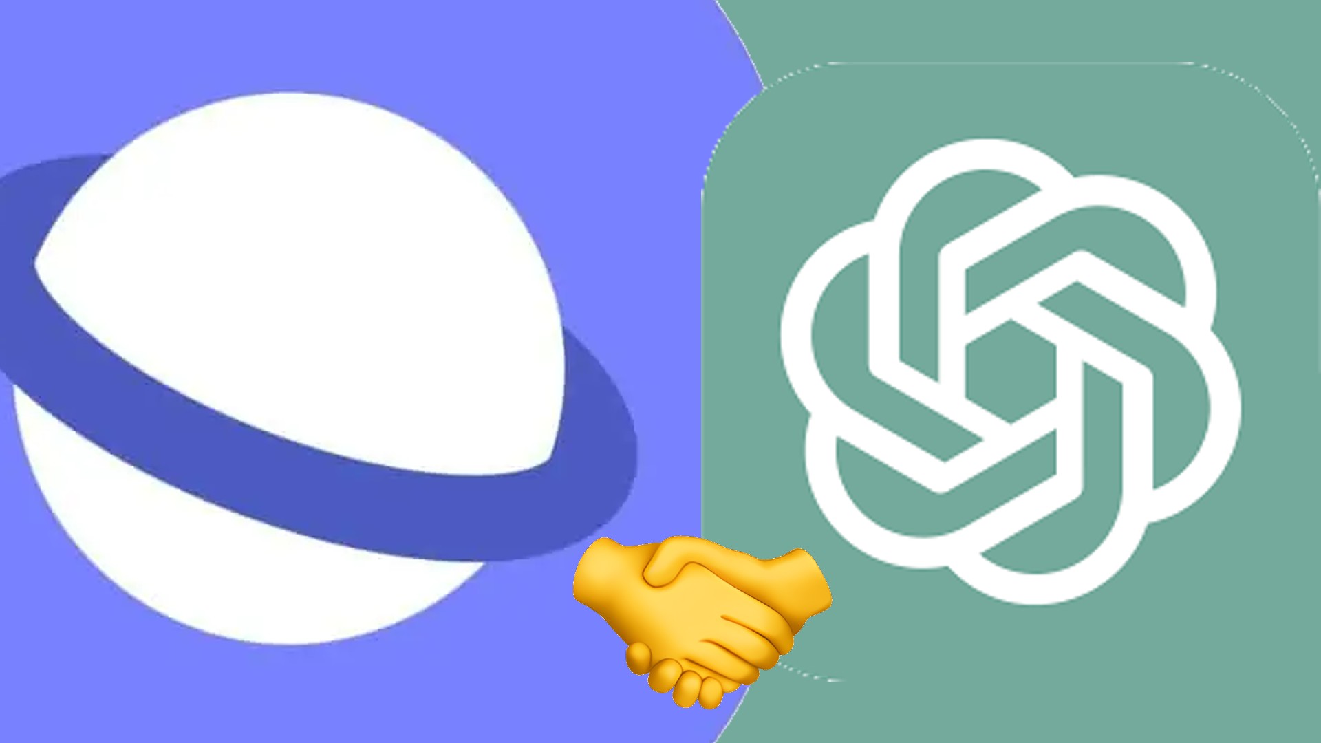 Montagem coloca os logotipos do navegador da Samsung e do ChatGPt junto do emoji de aperto de mãos
