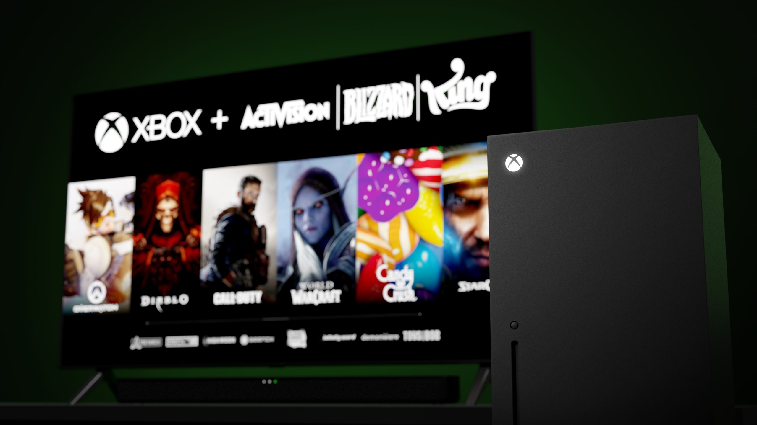 Imagem mostra o Xbox Series X da Microsoft à frente de uma televisão que exibe as principais franquias da Activision