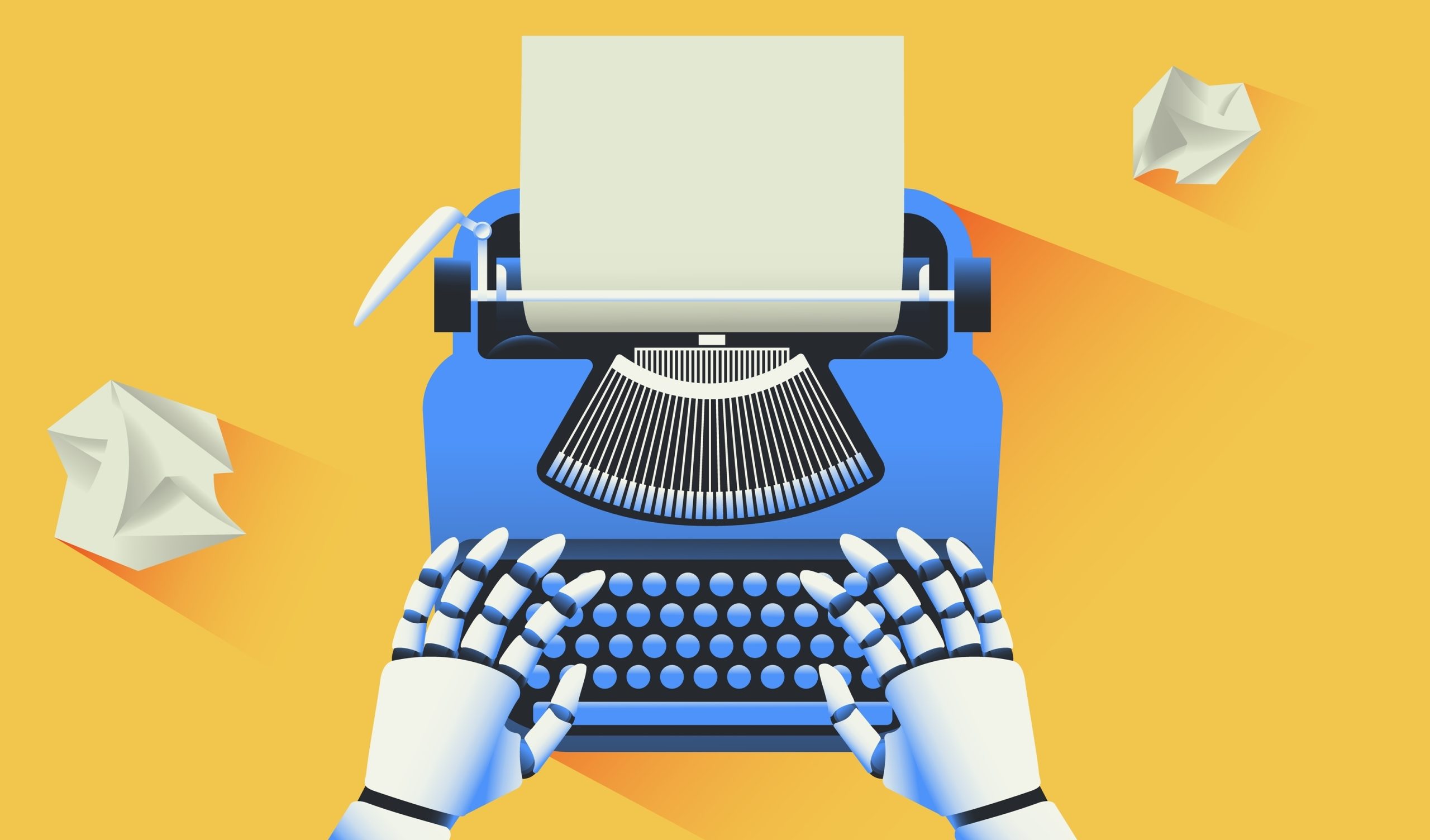 Imagem mostra mãos robóticas digitando em uma máquina de escrever, simbolizando a Genesis AI