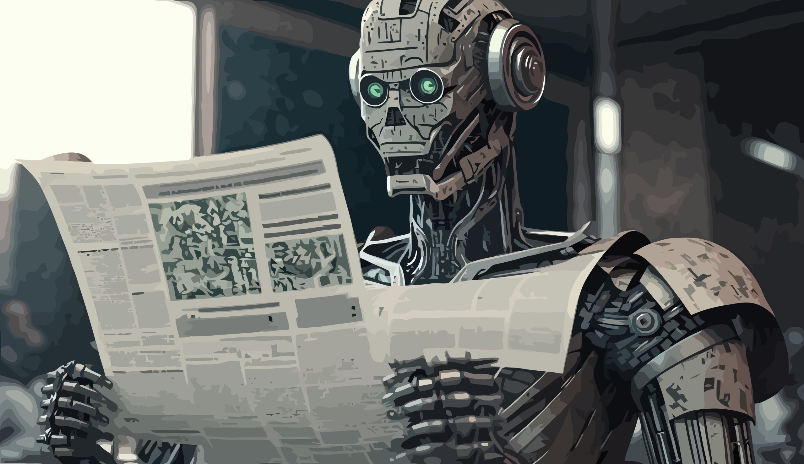 Ilustração mostra um robô lendo o jornal