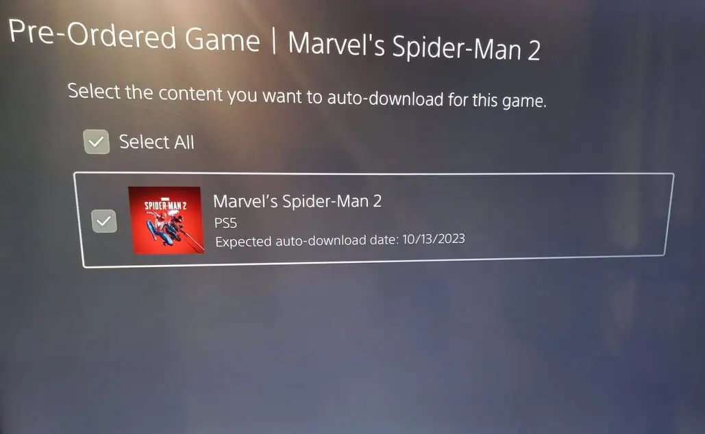 Imagem mostra tela de download de Marvel's Spider-Man 2, com o preload do jogo marcado para 13 de outubro