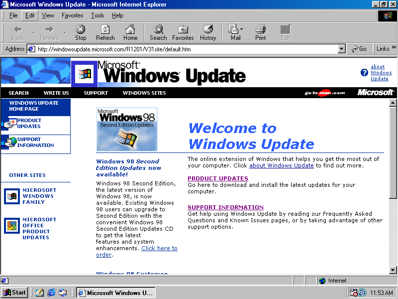 Captura mostra página principal do Windows Update Restored