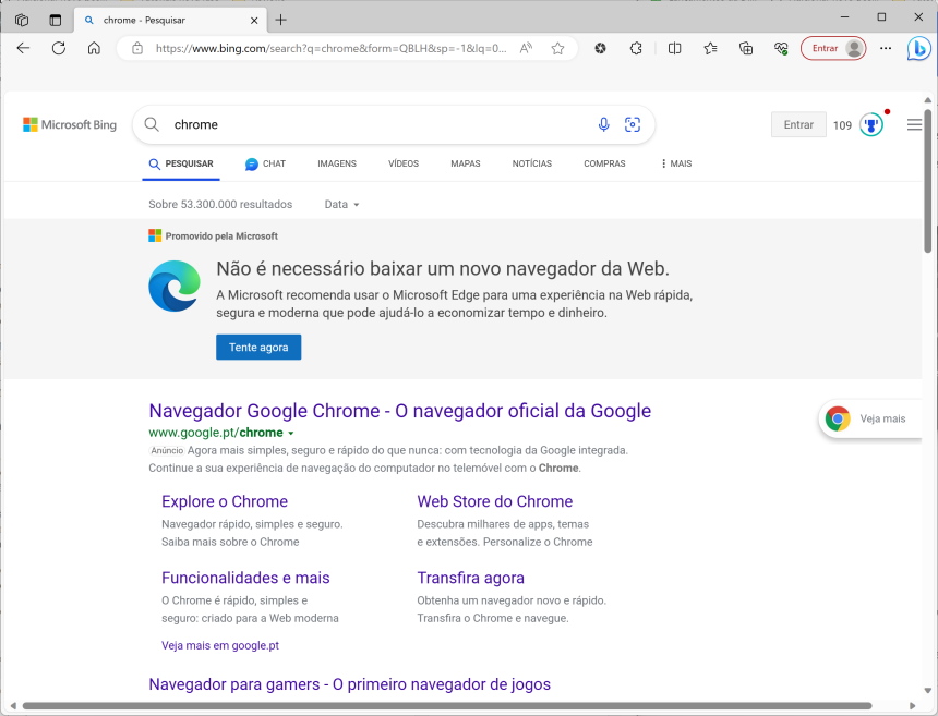 Busca por Chrome no Bing com o Edge