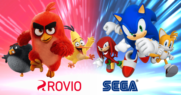 Banner celebra a aquisição da Rovio pela SEGA, e mostra o pássaro vermelho de Angry Birds junto de Sonic