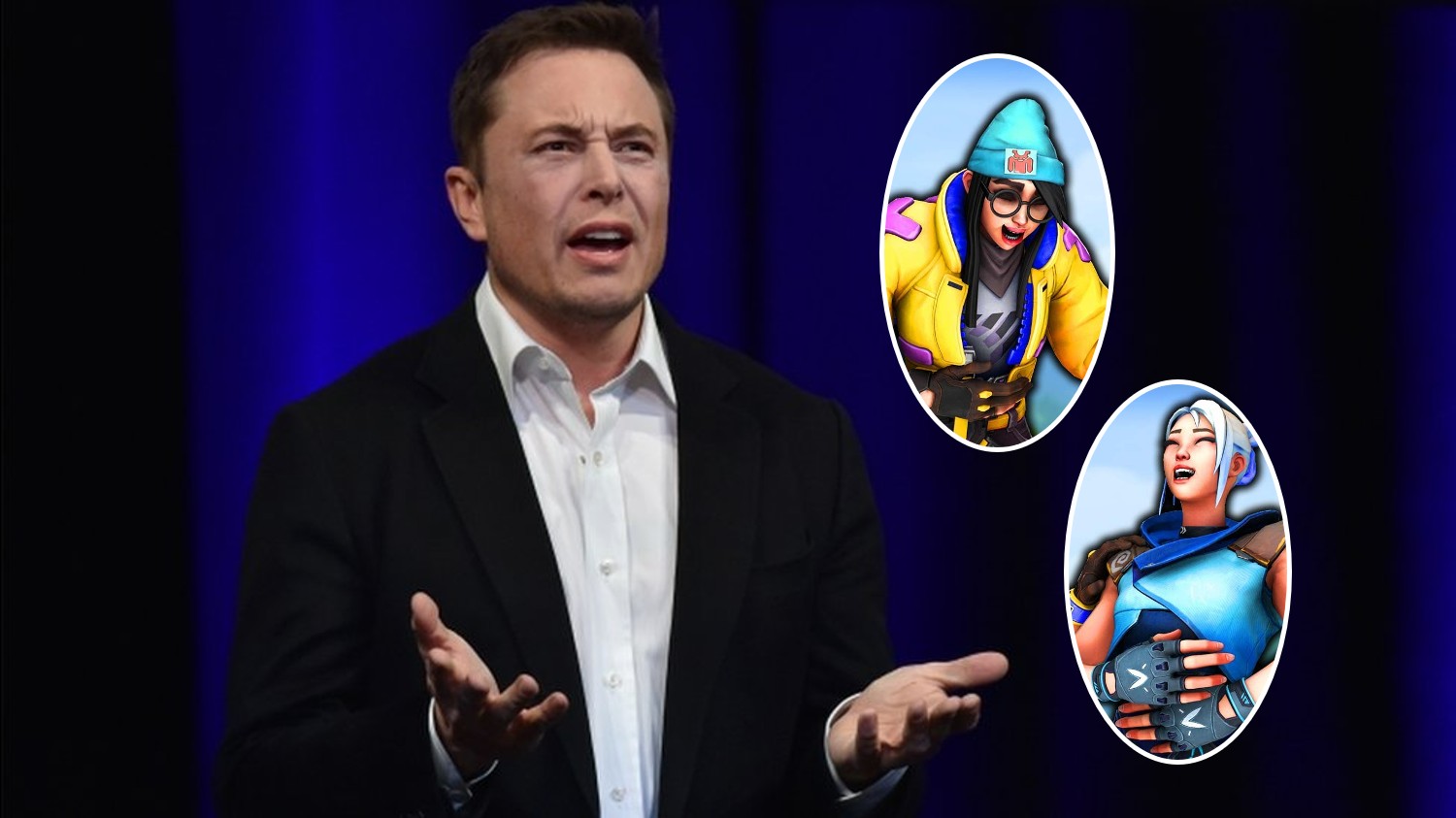 Montagem coloca foto de Elon Musk confuso ao lado de duas personagens de Valorant dando altas risadas