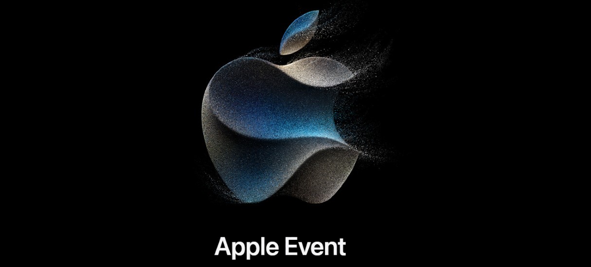 Imagem mostra a icônica maçã da Apple nas cores azul e cinza, em um fundo preto e com os dizeres Apple Event - Evento da Apple, em tradução. Imagem é usada para anunciar o evento da empresa que acontece em setembro e que apresentará o novo iPhone 15 e outros lançamentos