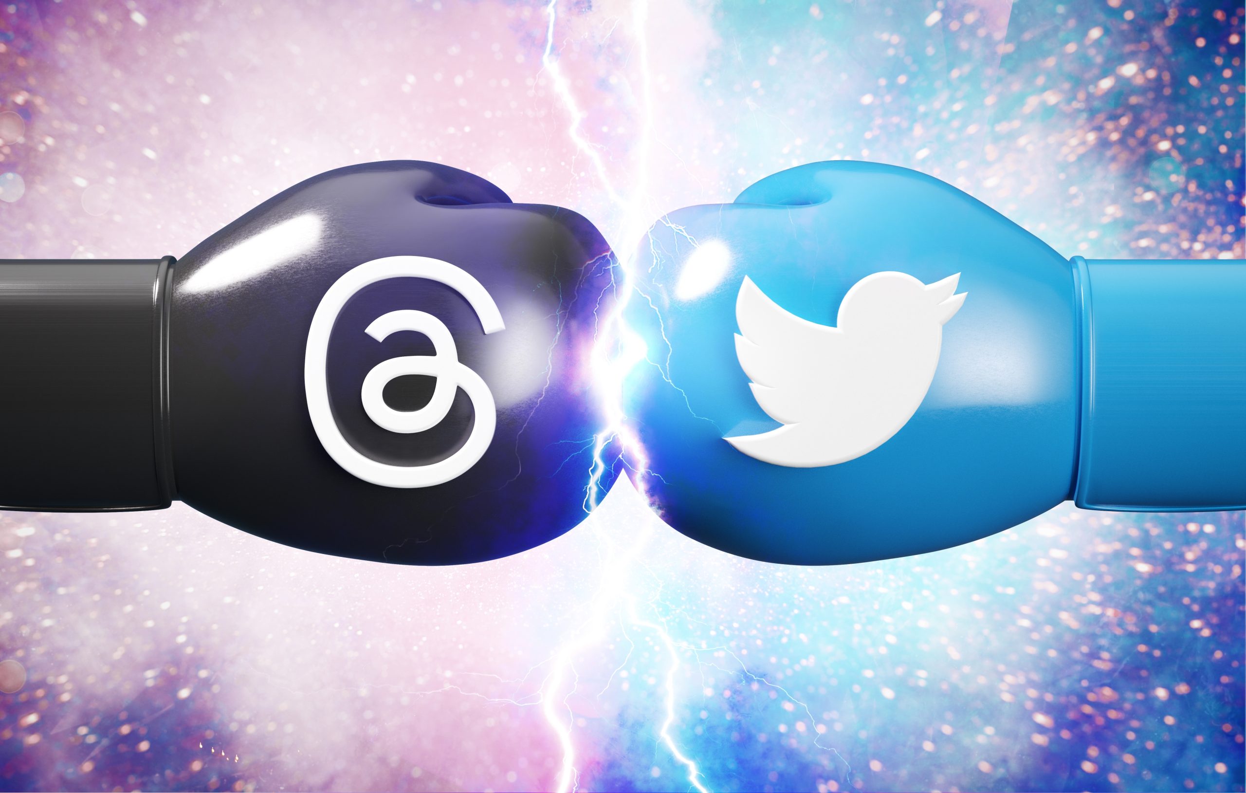 Ilustração mostra duas luvas de boxe - uma com o símbolo do Threads, outra com o símbolo do Twitter - simbolizando confronto entre as duas redes sociais