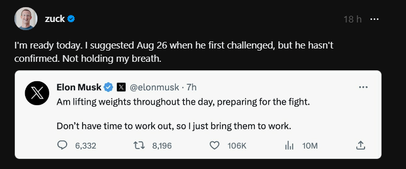Captura de tela do Threads mostra Zuckerberg respondendo a desafio de Elon Musk