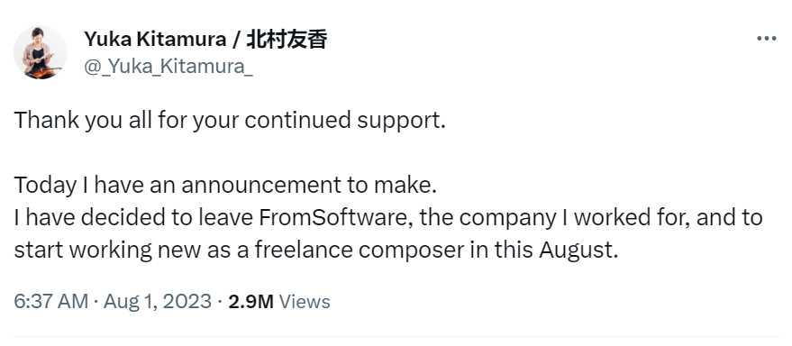Anúncio de Yuka Kitamura deixando a FromSoftware