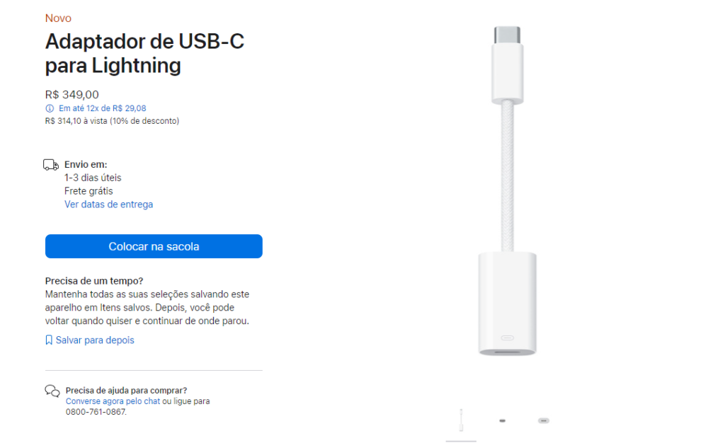 Adaptador de USB-C para Lightning da Apple