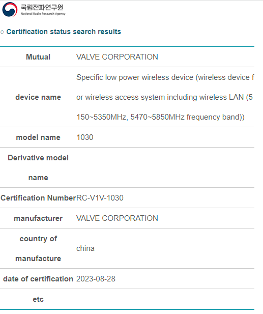 Imagem mostra certificação de novo aparelho obtida pela Valve na Coreia do Sul