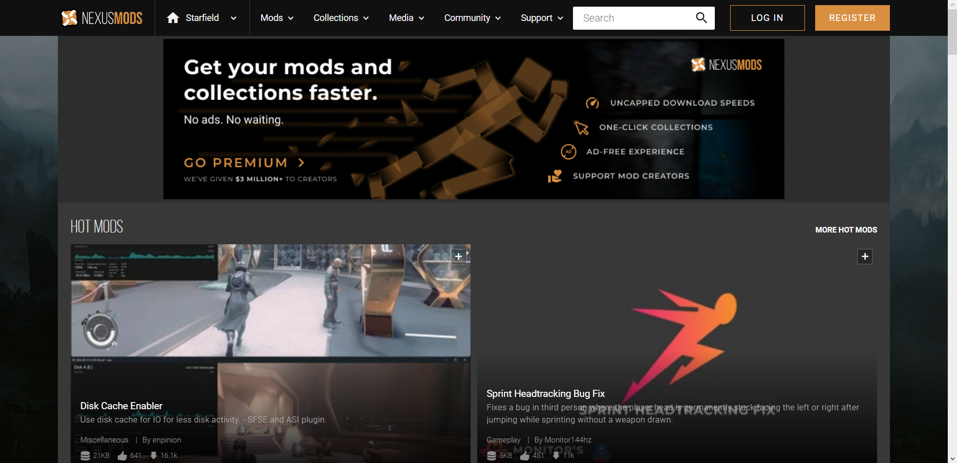 Captura de tela do hub de Starfield no portal Nexus Mods