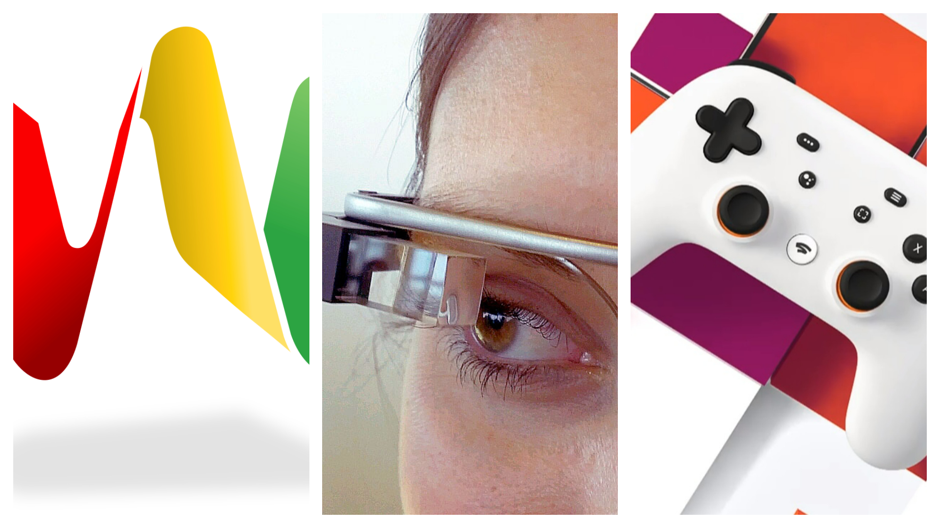 Imagem mostra o Wave, o Glass e o Stadia, produtos do Google que falharam