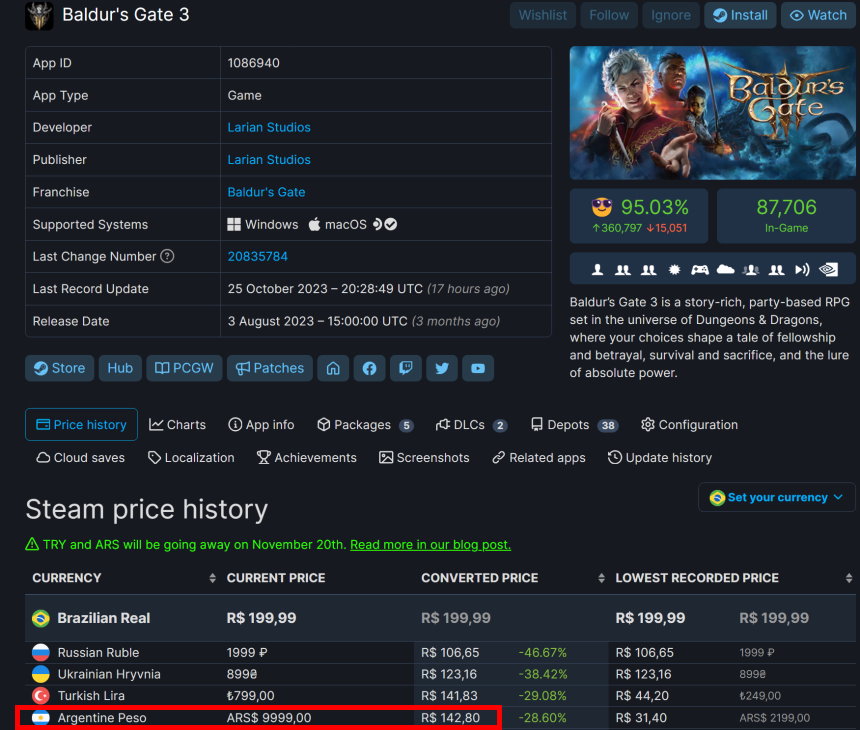 Baldurs Gate 3 - preço na Steam Argentina