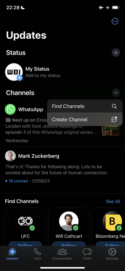 Canais do WhatsApp no iOS