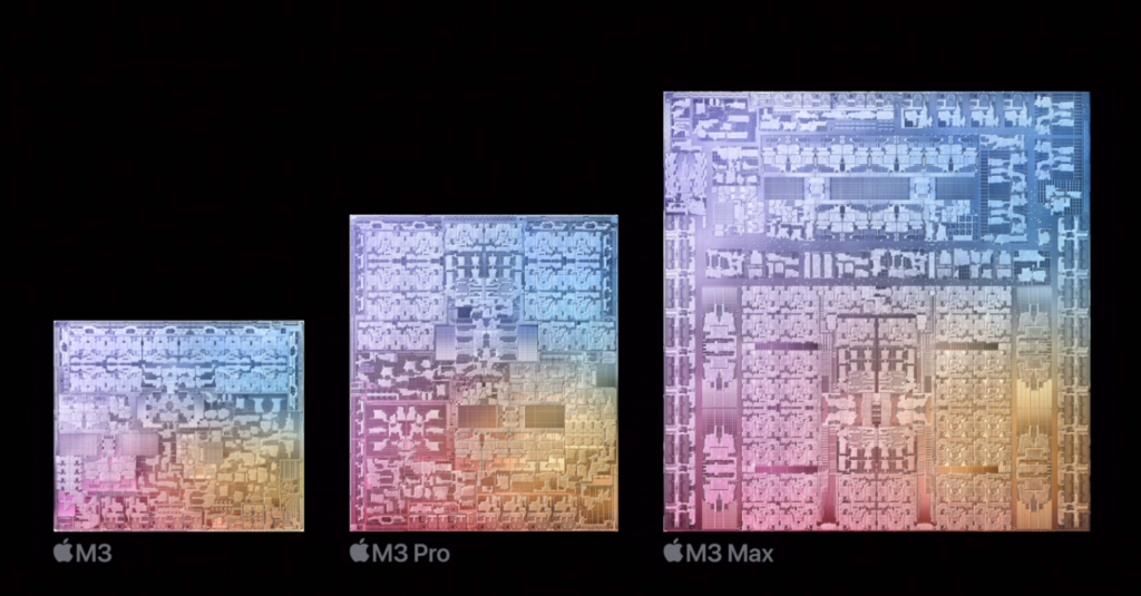 Ilustração em 3D dos chips da família M3 da Apple. Da esquerda para à direita estão os chips M3, M3 Pro e M3 Max