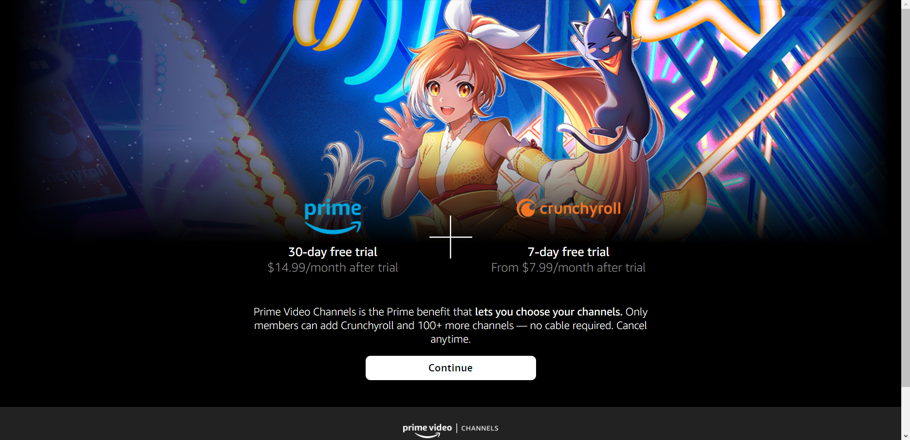 Imagem mostra banner da parceria entre os serviços Amazon Prime Video e Crunchyroll