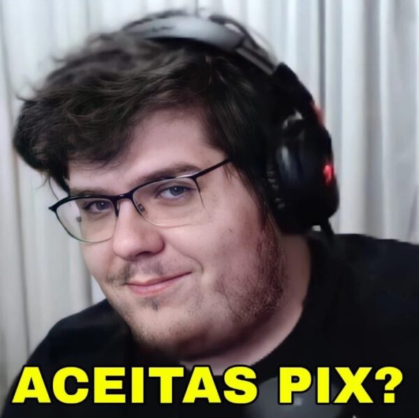Meme apresenta o jornalista Casimiro acompanhada da frase "aceitas pix?" em amarelo, bordão registrado do streamer