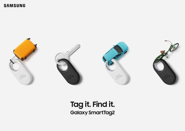 Na foto, a ilustração de quatro itens: uma mala de viagem, uma chave, um carro e uma bicicleta. Todos estão acoplados ao dispositivo Galaxy SmartTag2 da Samsung, representando maneiras de uso do gadget