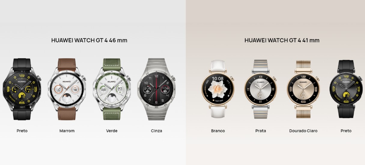 Imagem mostra todas as versões do Huawei Watch GT4: à esquerda estão os modelos de 46mm com pulseiras nas cores preta, marrom, verde e cinza; à direita, o de 41mm com pulseiras nas cores branca, prata, dourada e preto