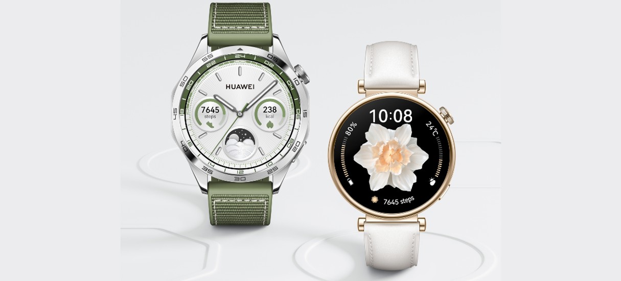 As duas versões do Huawei Watch GT4: à esqueda está o modelo de 46mm com a pulseira verde e, à direita, o de 41mm com pulseira branca