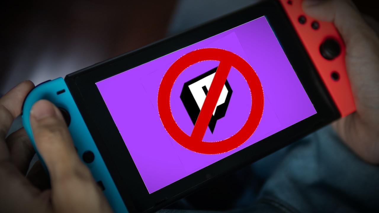 Imagem mostra o Switch, com a logomarca da Twitch em sua tela e um sinal de 