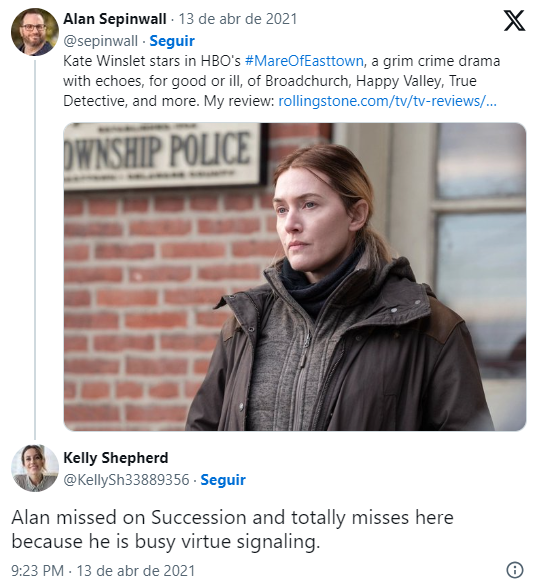 Um dos tweets de resposta de uma dos perfis falsos no X (ex-Twitter), conta feita por um dos funcionários da HBO Max em resposta a um dos críticos - no caso, Alan Sepinwall