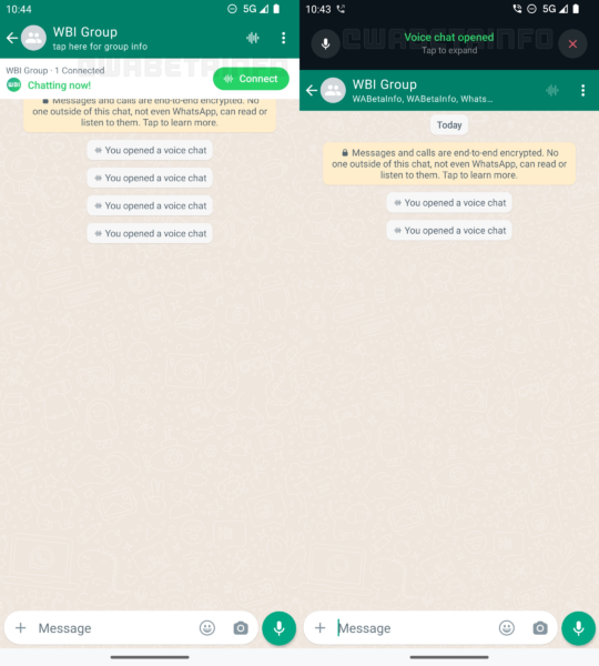 Capturas de tela do novo recurso do WhatsApp, que mostra o funcionamento de chat por voz em grupos no aplicativo; imagens são cortesia do WABetaInfo