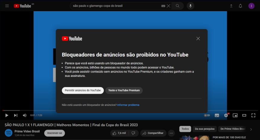 YouTube impedindo uso de bloqueadores de anúncios