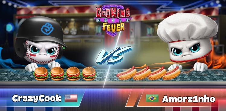 Tela do jogo mobile Cooking Fever Duels: a tela está dividida em duas e mostra os dois competidores, um dos EUA e outro do Brasil, batalhando em uma competição culinária