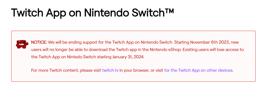 Imagem mostra aviso da Twitch sobre a descontinuação do app da empresa no Nintendo Switch